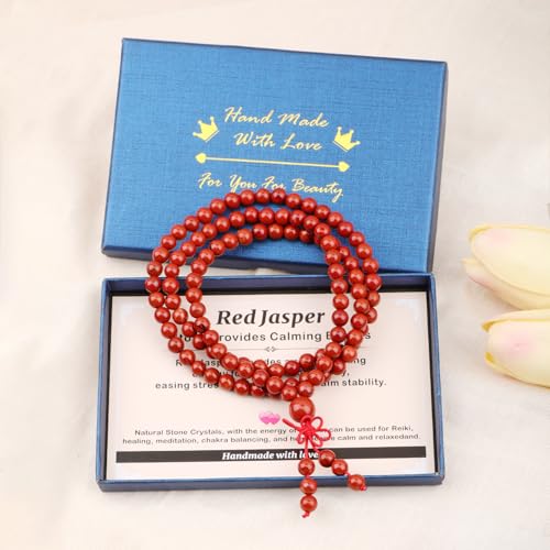 AD Beads 6mm 8mm 108 Prayer Mala Jasper Elastic Bracelet - Handmade Yoga Meditation Healing Power Energy Gifts for Unisex Adult. - color: Red Jasper(Calming)