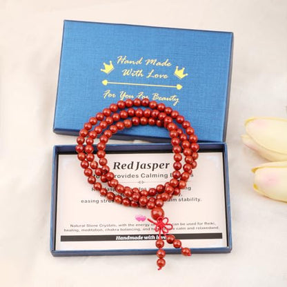 AD Beads 6mm 8mm 108 Prayer Mala Jasper Elastic Bracelet - Handmade Yoga Meditation Healing Power Energy Gifts for Unisex Adult. - color: Red Jasper(Calming)