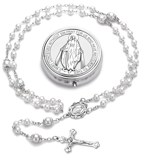 Rosary for Women with Case and 18pcs Prayer Cards, First Communion Gifts for Girls, Glass Pearl Beads and Virgin Mary Medal, Catholic Gifts - color: White