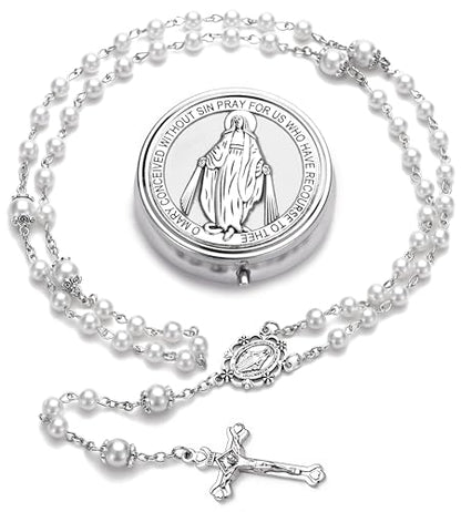 Rosary for Women with Case and 18pcs Prayer Cards, First Communion Gifts for Girls, Glass Pearl Beads and Virgin Mary Medal, Catholic Gifts - color: White