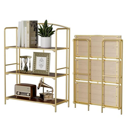 Crofy 3-Tier Wider Foldable Bookshelf, Gold Frame & Walnut Shelves - color: Gold Frame & Walnut Shelf, size: 3 Tier Wider