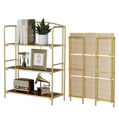 Crofy 3-Tier Wider Foldable Bookshelf, Gold Frame & Walnut Shelves - color: Gold Frame & Walnut Shelf, size: 3 Tier Wider
