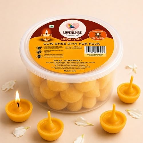 LOVENSPIRE Pure Cow Ghee Wicks for Pooja Diya (30 Pcs) Wax-Free Desi Ghee Batti, Up to 35 Min Long Burning, Ready-to-Use Cotton Jyot for Home Mandir, Indian Puja Rituals, Diwali Decor & Return Gifts - size: 30 Pcs