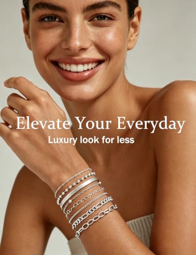 10 Pcs 14K Gold Plated Bracelet for Women, Dainty Stackable Chain Set - color: Silver