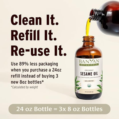 Banyan Botanicals Sesame Oil – Organic & Unrefined Sesame Oil for Skin, Body, Hair & More – Multiple Sizes – 8 oz – Non GMO Sustainably Sourced Vegan - size: 8 Fl Oz