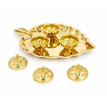 Spillbox Brass 3 Leaf Bowl Pooja Thali | Traditional Handcrafted Thali Holder with Lid for Mandir & Home | Roli, Chawal | Pooja Item Gift for Diwali, Navratri - 3 Leaf Bowl - Small
