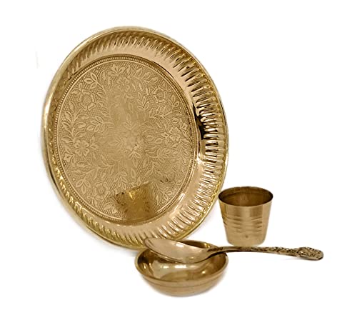 Satvik Brass 4 Pc Bhog Thali Set for Laddu Gopal With Glass, Bowl and Pooja Spoon - Home and Temple Kanha Ji Plate Set (Medium) - size: Medium