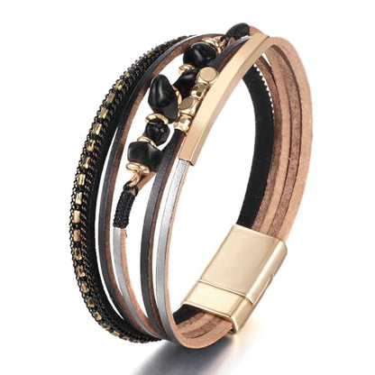 Fesciory Leather Wrap Bracelets for Women, Boho Western Layered Jewelry - color: Black 7
