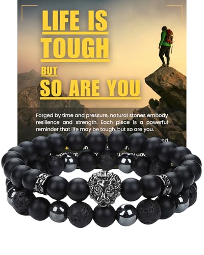 Mens Beaded Bracelets, Cross Bracelet for Men with Hematite Black Obsidian Lava Stone Triple Protection Bracelets for Men - size: Medium, style: Lion