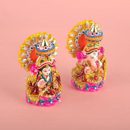 Lakshmi Ganesh Statue Hand Painted Idols Traditional Hindu Murti for Religious Hindu Festival Diwali Mandir Temple Pooja & Gifting (Lakshmi Ganesh Design-1) - color: Lakshmi Ganesh Design-1