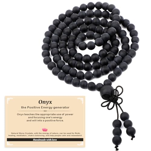 AD Beads 6mm 8mm 108 Prayer Mala Jasper Elastic Bracelet - Handmade Yoga Meditation Healing Power Energy Gifts for Unisex Adult. - color: Matte Onyx(Peace)