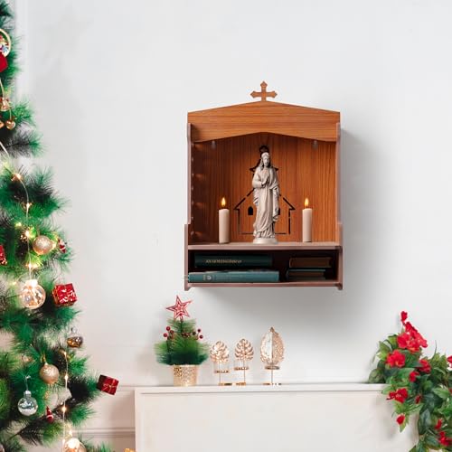 Wooden Wall Mounted Hanging Prayer Shelf Table top Religious Décor Scripture Display Storage for Home Office and Gifting (Brown Prayer Shelf)