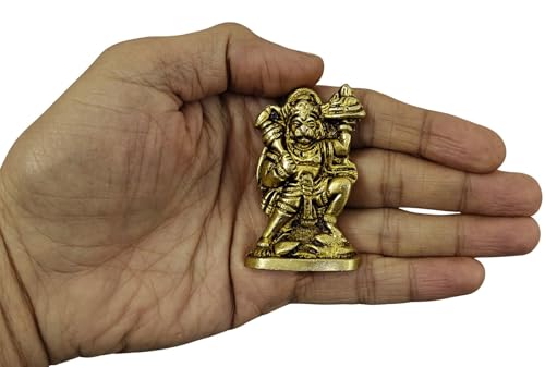 Brass Hanuman Ji Idol 2.5 Inches - Lord Bajrangbali Carrying Sanjivani Mountain, Miniature Solid Brass Statue for Home Puja, Office Desk & Auspicious Gifting - size: Flying Hanuman