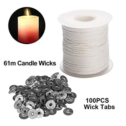 Natural Cotton Candle Wick Core 200ft Roll With 100 Metal Sustainers Tabs - Soy Wax Wicks DIY Craft Candle Making Supplies Kit