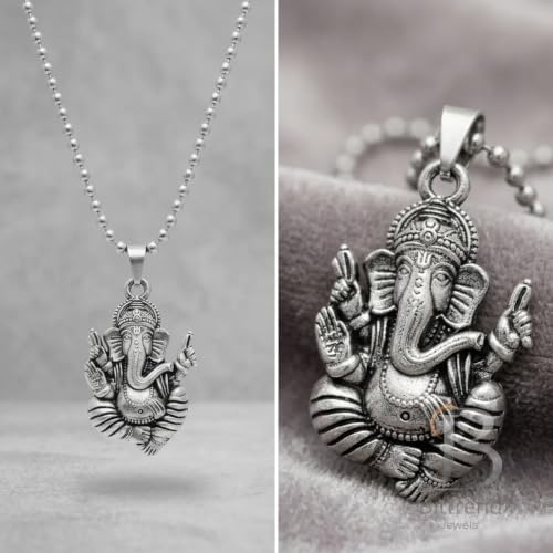 Oxidised Silver Tone Lord Ganesha Ganpati Vighnaharta Spiritual Pendant Necklace for Men Women
