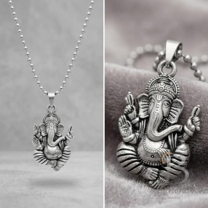 Oxidised Silver Tone Lord Ganesha Ganpati Vighnaharta Spiritual Pendant Necklace for Men Women