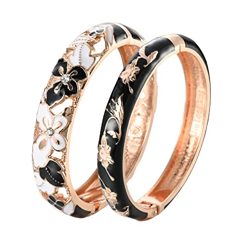 UJOY Fashion Cloisonne Bracelets Plated Butterfly Filigree Enameled Womens Gifts Bangles Spring Hinged 88A09 - color: A09-2 Pcs/set-Black
