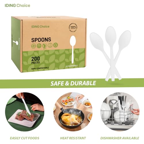 100% Compostable 200 Count No Plastic Spoons, Plastic Utensils, The Heavyweight Heavy Duty Flatware is Eco-Friendly Products for Lounge Party Wedding Office BBQ Picnic Camping.