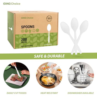 100% Compostable 200 Count No Plastic Spoons, Plastic Utensils, The Heavyweight Heavy Duty Flatware is Eco-Friendly Products for Lounge Party Wedding Office BBQ Picnic Camping.