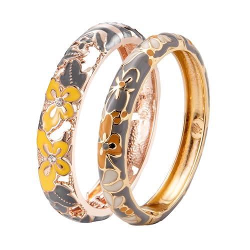 UJOY Fashion Cloisonne Bracelets Plated Butterfly Filigree Enameled Womens Gifts Bangles Spring Hinged 88A09 - color: A09-2 PCS/Set-Grey Yellow