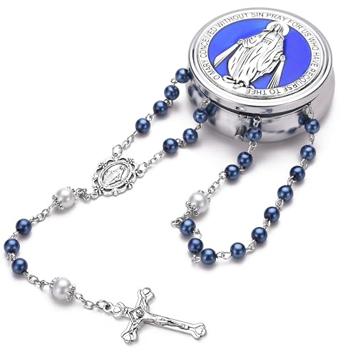 Rosary for Women with Case and 18pcs Prayer Cards, First Communion Gifts for Girls, Glass Pearl Beads and Virgin Mary Medal, Catholic Gifts - color: Blue