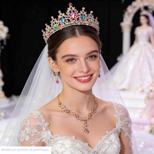 Kamirola Tiaras and Crowns for Women,Tiaras Earrings Necklace, Crystal Bridal Jewelry Set, Costume Party Halloween Prom Pageant Jewelry for Women(TR45) - color: Gold Mix Color