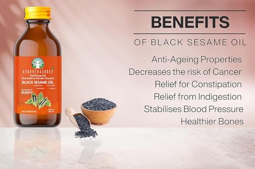 AYURVEDASHREE Black Sesame Oil 3.38 fl oz., Cold Pressed Oil, Extracted on Wooden Churner with Traditional Method, 100% Pure & Natural, No GMO, Untreated and Unrefined, for Cooking & Flavor Enhancer.