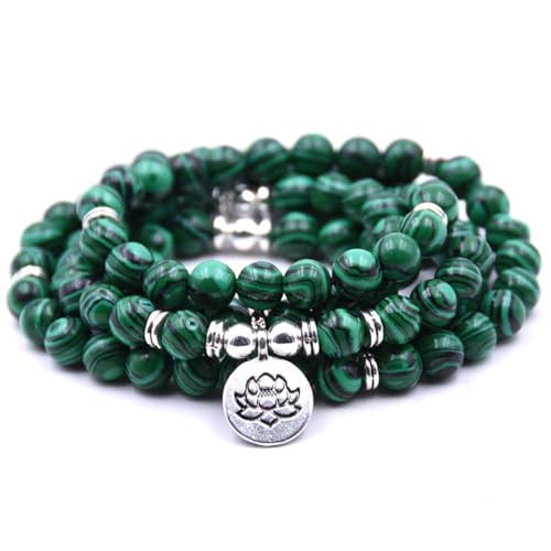108 Mala Beads Bracelet Necklace - Gemstone Prayer Beads with Lotus Charm for Meditation & Yoga - style: Malachite