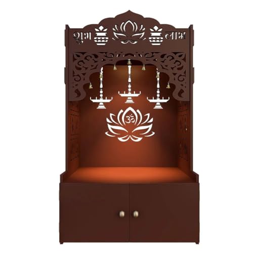 Lotus Pattern MDF Wood Temple with Spacious Shelf inbuilt Focus Light White - color: White, size: Large