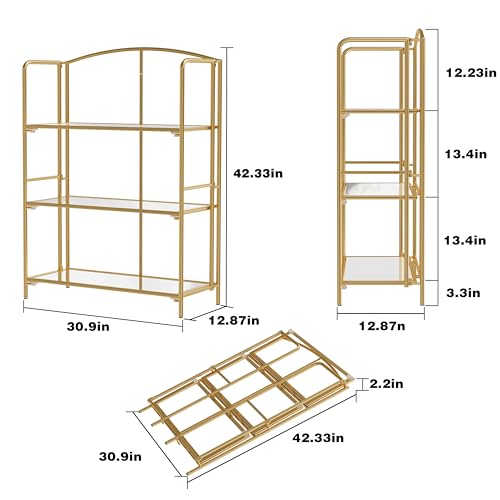 Crofy 3-Tier Wider Foldable Bookshelf, Gold Frame & Transparent Shelves - color: Gold Frame & Transparent Shelf, size: 3 Tier Wider