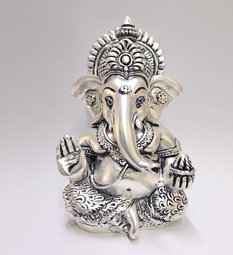 Gold Art India 999 Matte Silver Plated Antique Mukut Ganesha - 3.5" - Perfect for Gifting, Home Decor, Car Dashboard Murti Ganpati Idol for Home Decor Puja Statue Gift for Office Desk Puja Room - color: Matte Silver Antique