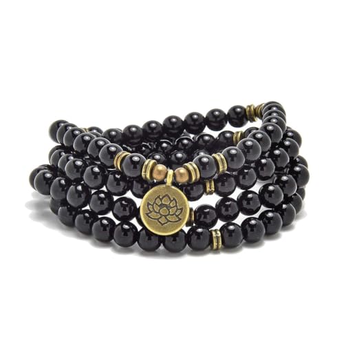 108 Natural Stone Mala Beads Yoga Bracelet with Lotus Charm - style: Black Agate