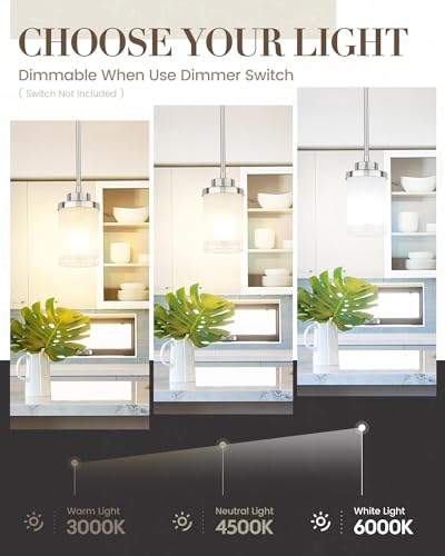TENGXIN Brushed Nickel Pendant Lights Kitchen Island, Frosted Glass Shade - color: Brushed Nickel, Linen Frosted Glass, size: 4"