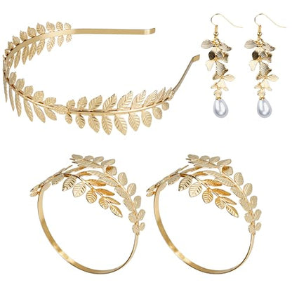 5PCS Greek Goddess Costume Accessories Set Gold Headband Laurel Wreath Headpiece with Armband and Earrings Toga Costume Woman Leaf Crown for Wedding Halloween Roman Toga Party