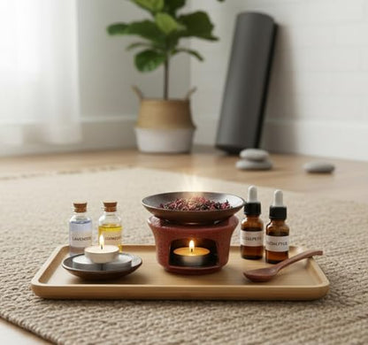 Ceramic Herb Burner Kit, High-Fired Aromatherapy Burner Set - color: Reddish Brown