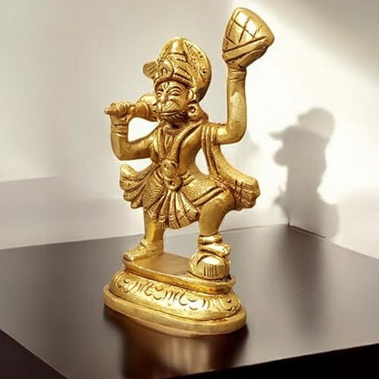 4" Brass Hanuman Statue with Sanjivani Mountain – Standing Lord Hanuman Idol | Small Hindu Monkey God Bajrangbali Murti for Devotion, Strength, Courage & Bhakti | Spiritual Pooja Idol - size: 4"Inch