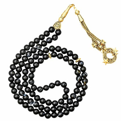 Amazing Gemstone Crystal Tasbeeh with Moon and Star Charm - Certified Crystal Muslim Prayer Beads Natural Gemstone Tasbih Gift for Ramadan Dhikr and Daily Namaz (G) - color: Black Banded Agate