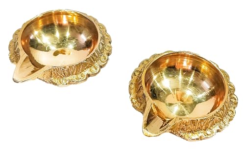 athizay Brass Diyas Pack of 2 for Pooja Virgin Brass Indian Diya Set Oil lamp Sets for Gifting Home Decor Vilakku (Kuber Diya Set 2)