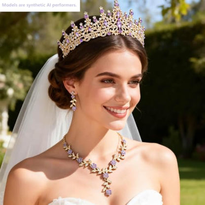 Kamirola Tiaras and Crowns for Women,Tiaras Earrings Necklace, Crystal Bridal Jewelry Set (TR48) - color: Gold Purple