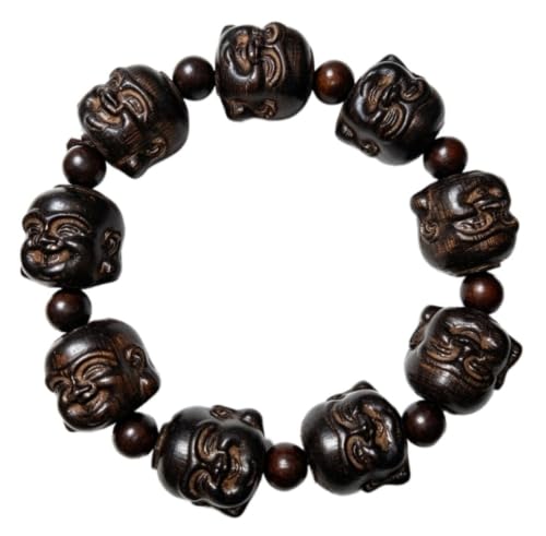 Pear Wood Buddha Beads Mala Bracelet Hand Carved Wooden Beads with Luminous Jade Lucky Charms Wealth Attracting Buddhist Prayer Bracelet for Men and Women Healing Energy Running Ring - color: Brown