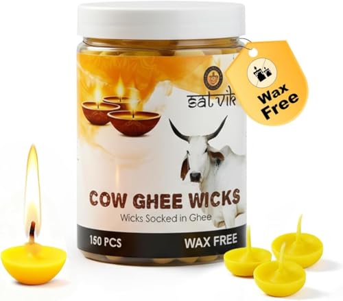 SATVIK 150 Pc Pure Cow Ghee Wicks for Puja (Upto 30 Mins) Pooja Home and Mandir. Nitya Pujan Readymade Ghee Diya Jyot Pujan Indian Housewarming Return Gift Items Accessories. Diwali Cotton Wicks - size: 150 PC