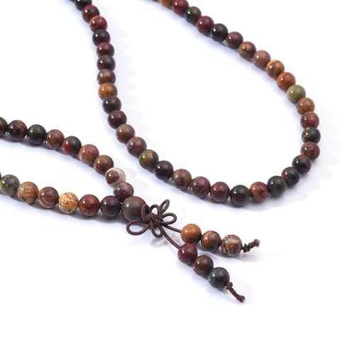 108 Mala Beads Stretch Bracelet 6mm Natural Gemstone Prayer Beaded Necklace - color: Picasso Jasper