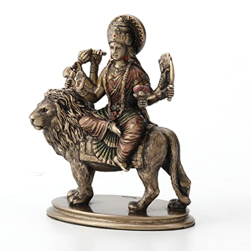 Veronese Design 3 3/4" Hindu Goddess Durga Riding on Lion Miniature Statue Resin Hand Painted Figurine
