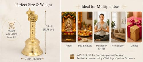 Wonderlist Handicrafts Brass Pooja Bell with Gods Sitting On Top (Nandi), 5 INCH, SE-45T - color: Nandi