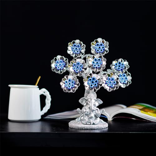 YU FENG 9.6inch Evil Eye Flowers Lucky Tree with Silver Ganesha Statue