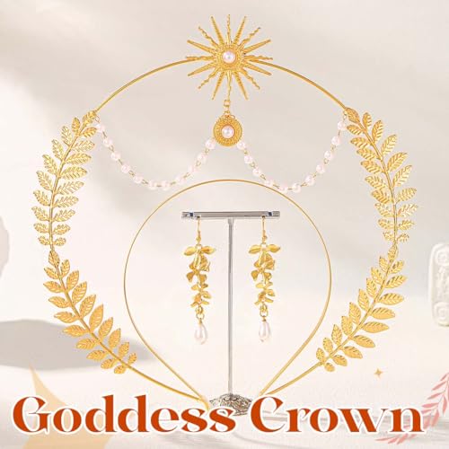 Sixexey Halo Crown Set Golden Greek Headband Earrings for Women