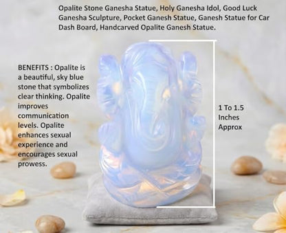Opalite Stone Ganesha Statue Holy Ganesha Idol Good Luck Ganesha Sculpture Pocket Ganesh for Car Dash Board Handcarved Opalite Ganesh Statue - color: Opalite Ganesh