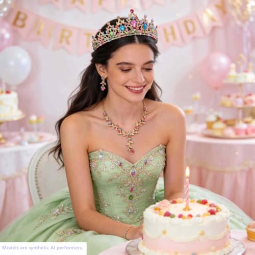 Kamirola Tiaras and Crowns for Women,Tiaras Earrings Necklace, Crystal Bridal Jewelry Set, Costume Party Halloween Prom Pageant Jewelry for Women(TR45) - color: Gold Mix Color