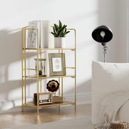 Crofy 3-Tier Foldable Bookshelf, Gold Frame & Walnut Shelves - color: Gold Frame & Walnut Shelf, size: 3 Tier