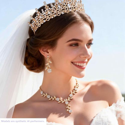 Kamirola Tiaras and Crowns for Women,Tiaras Earrings Necklace, Crystal Bridal Jewelry Set (TR48) - color: Gold White